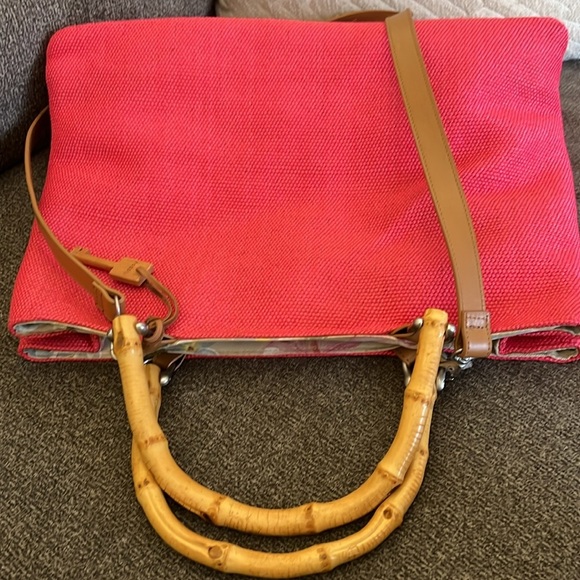 Fossil Bamboo Wooden Handle Woven Satchel Crossbody Pink Purse - Picture 7 of 12